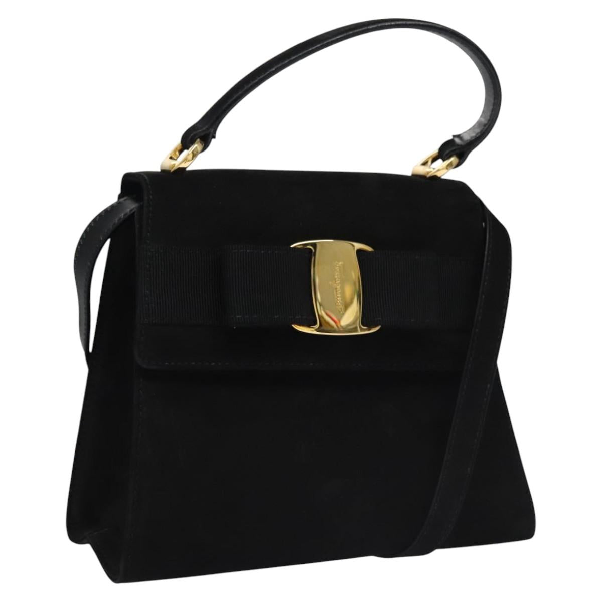 Salvatore Ferragamo Vala Hand Bag Suede 2way Black Gold Auth BA373