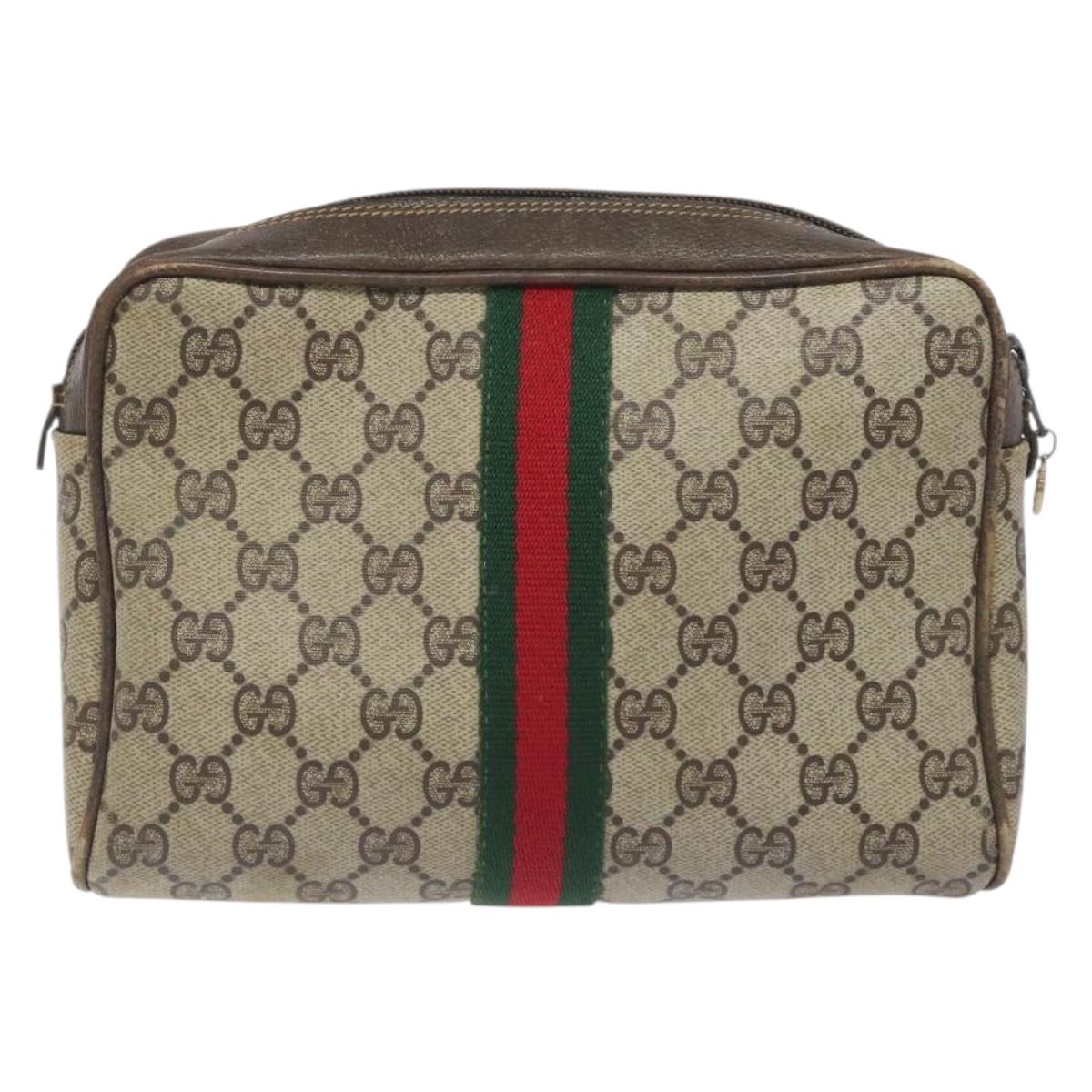 GUCCI GG Supreme Web Sherry Line Clutch Bag PVC Beige Gold Red Auth BA3731