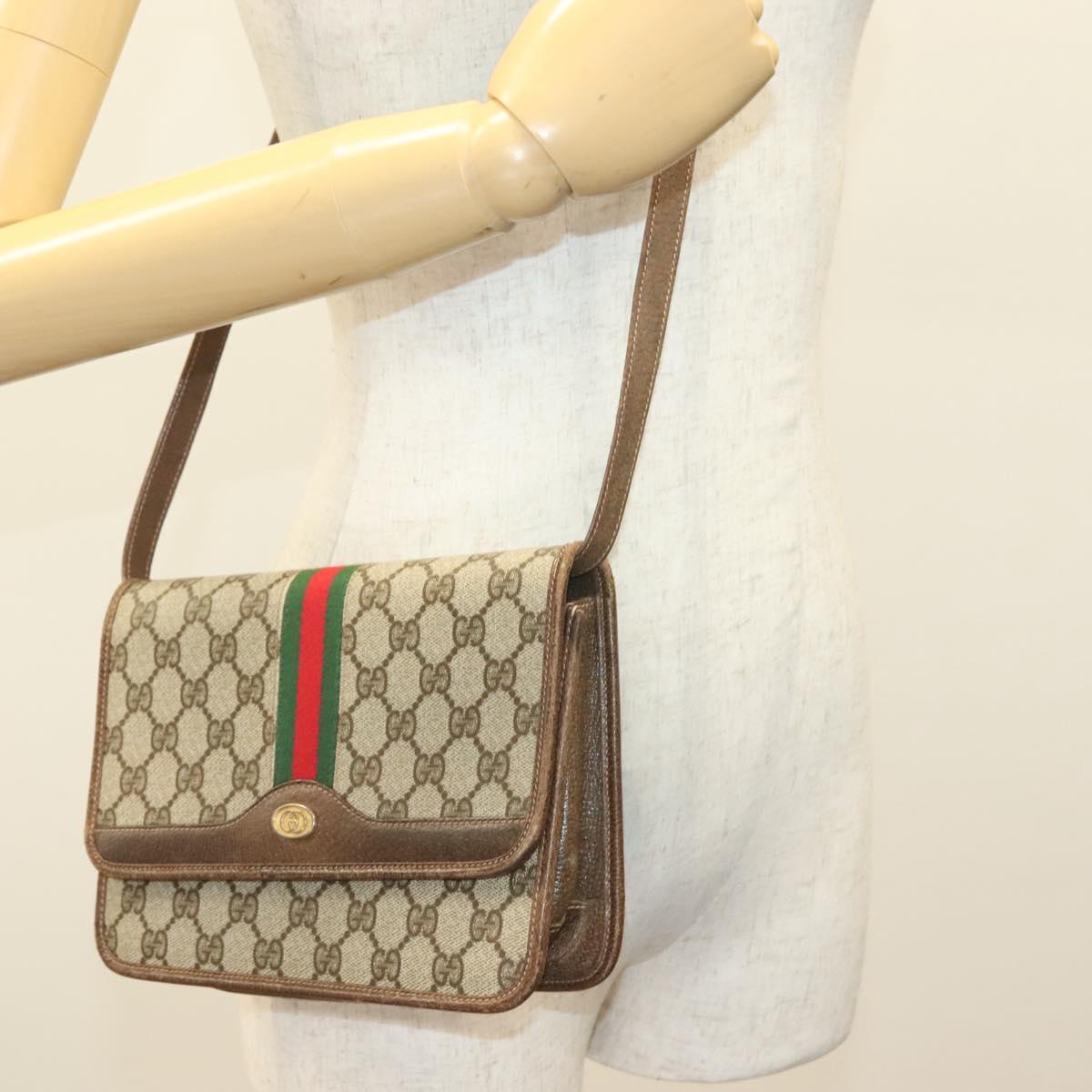 GUCCI GG Supreme Web Sherry Line Shoulder Bag PVC Beige Gold Auth BA3785