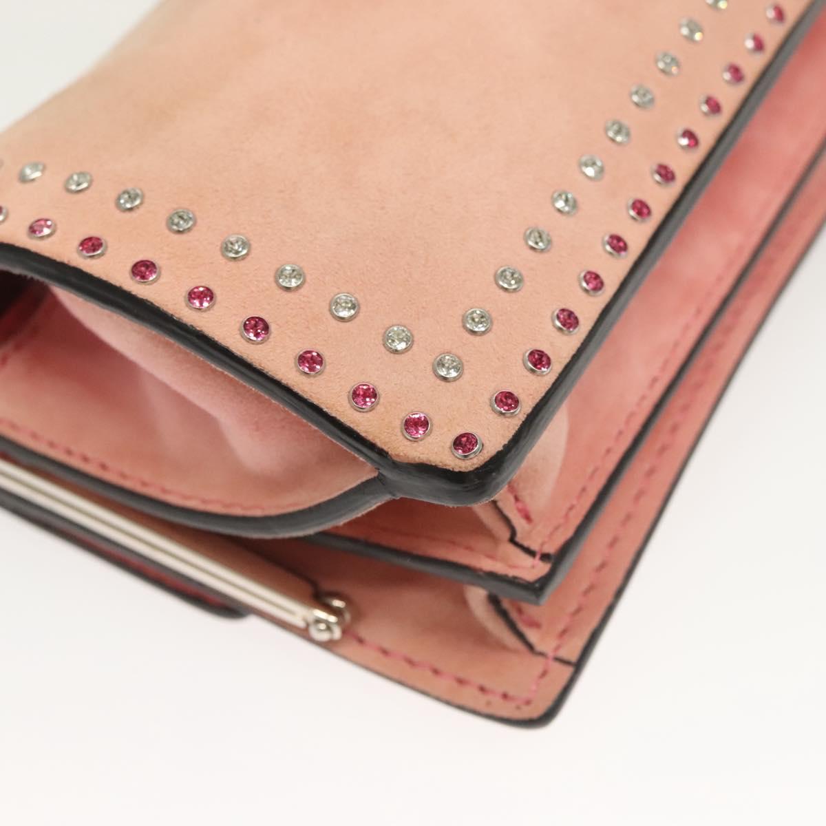 VALENTINO Rhinestone Chain Shoulder Bag Suede Pink Silver Auth BA3802