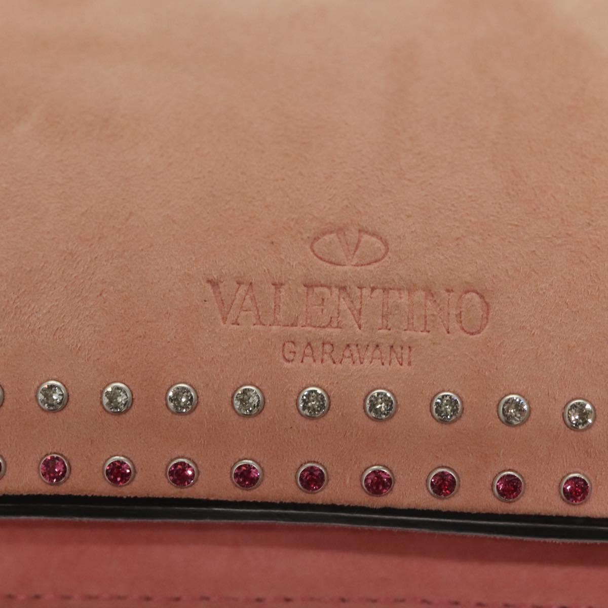 VALENTINO Rhinestone Chain Shoulder Bag Suede Pink Silver Auth BA3802