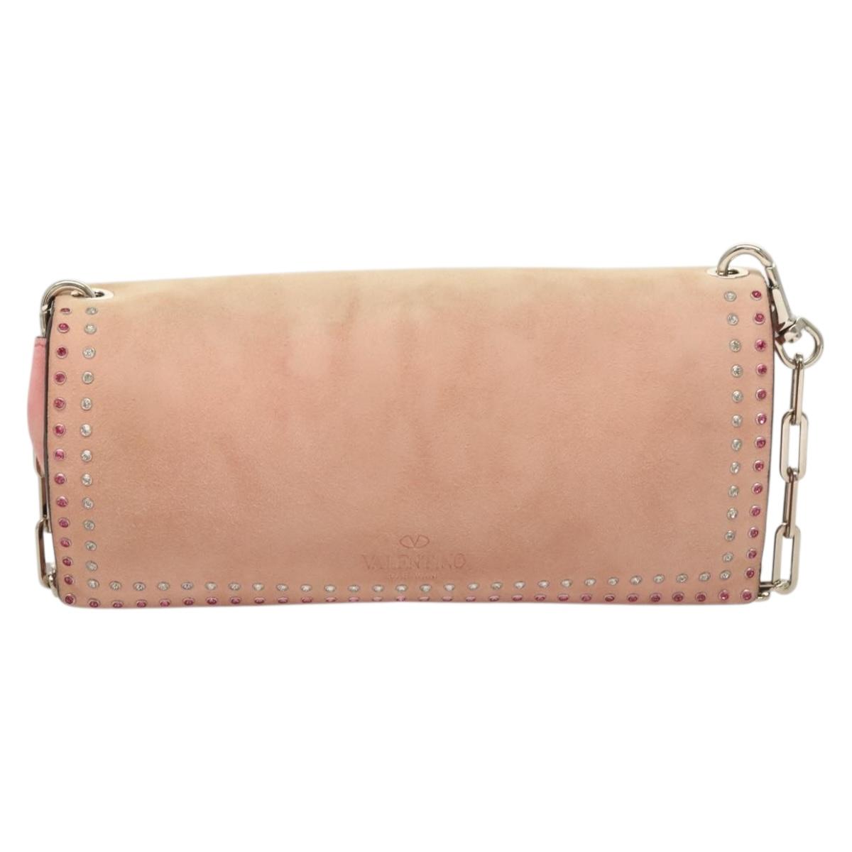 VALENTINO Rhinestone Chain Shoulder Bag Suede Pink Silver Auth BA3802