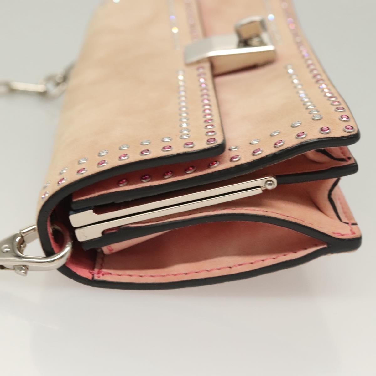 VALENTINO Rhinestone Chain Shoulder Bag Suede Pink Silver Auth BA3802