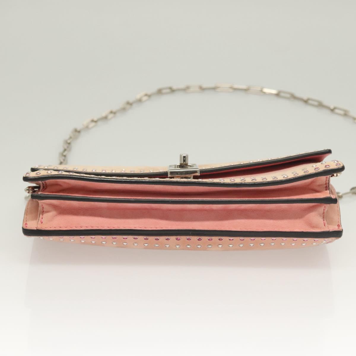 VALENTINO Rhinestone Chain Shoulder Bag Suede Pink Silver Auth BA3802