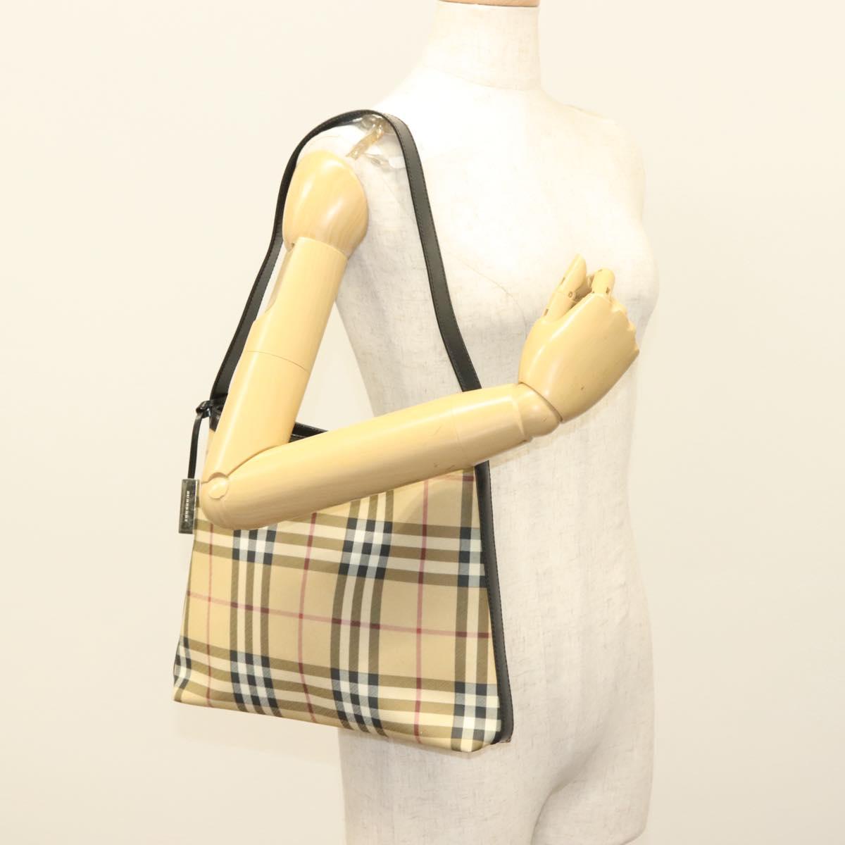 BURBERRY Nova Check Shoulder Bag PVC Beige Silver Auth BA3813