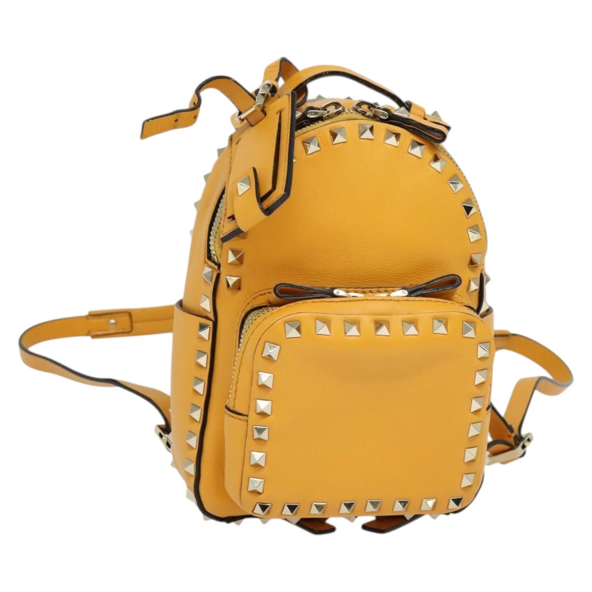 VALENTINO Studs Backpack Leather Yellow Silver Auth BA3815