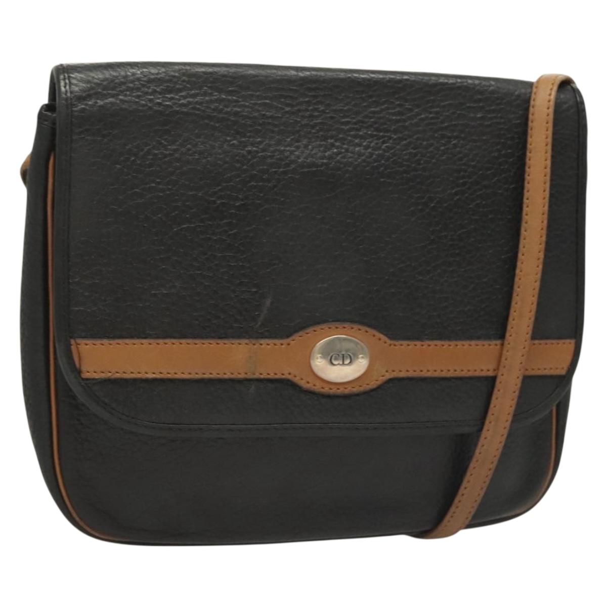 Christian Dior Shoulder Bag Leather Black Gold Auth BA3826