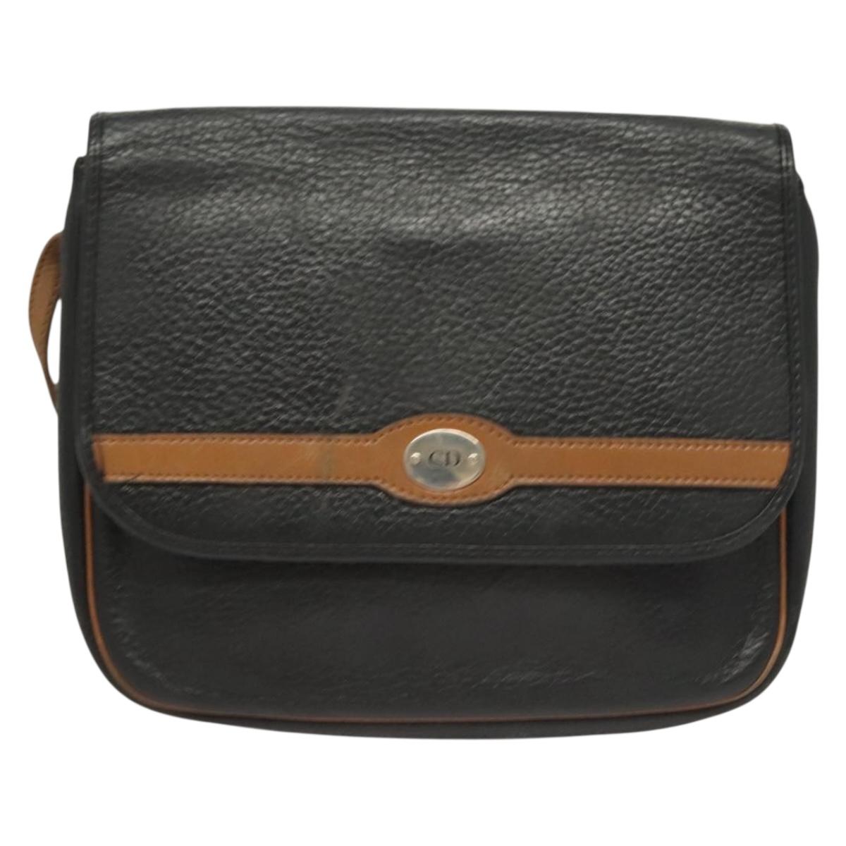 Christian Dior Shoulder Bag Leather Black Gold Auth BA3826