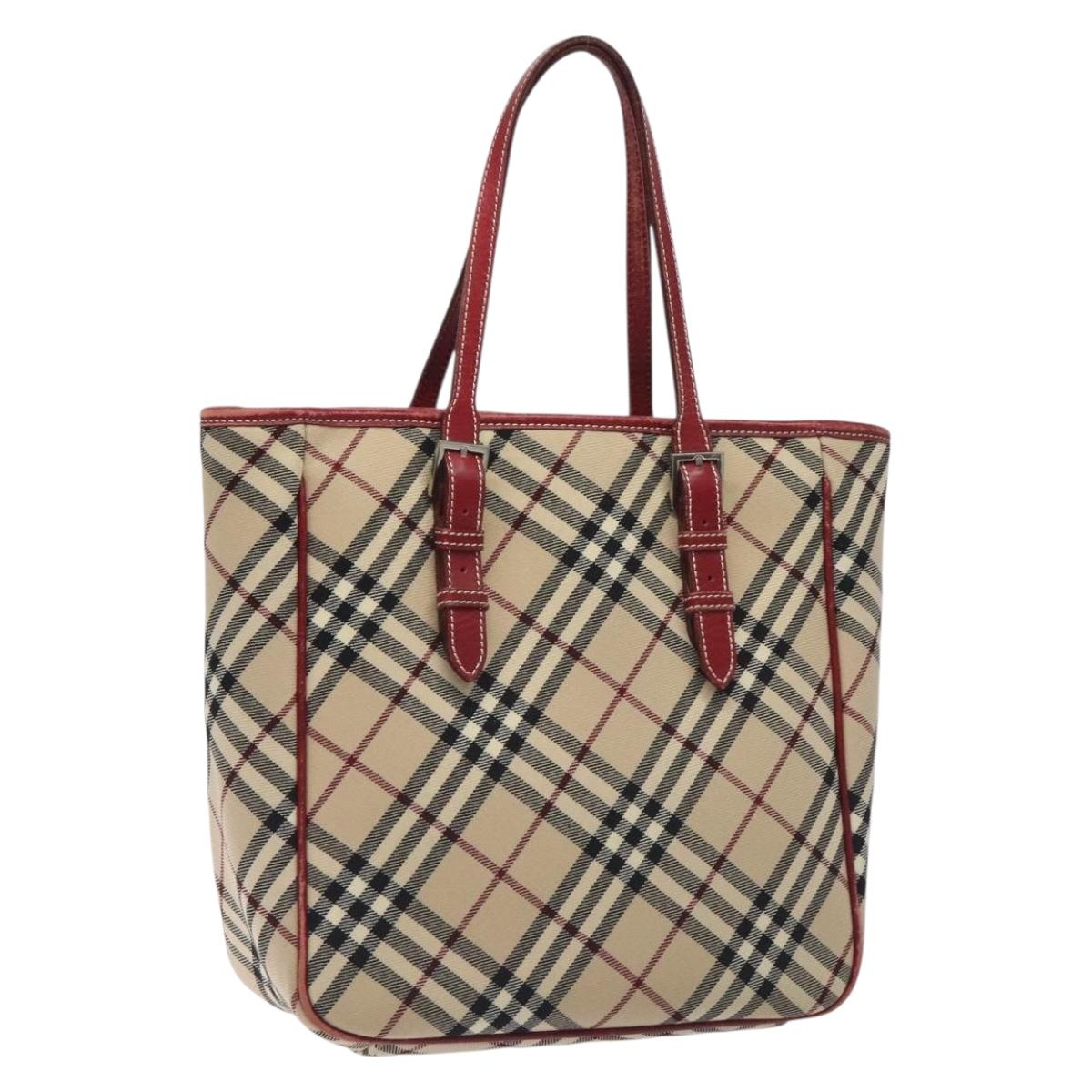 BURBERRY Nova Check Blue Label Tote Bag Canvas Beige Silver Auth BA3843