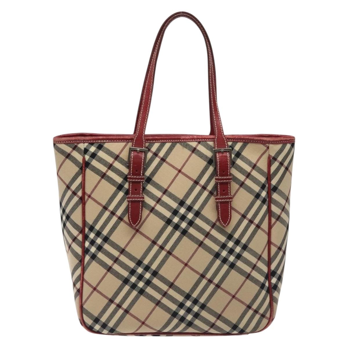 BURBERRY Nova Check Blue Label Tote Bag Canvas Beige Silver Auth BA3843