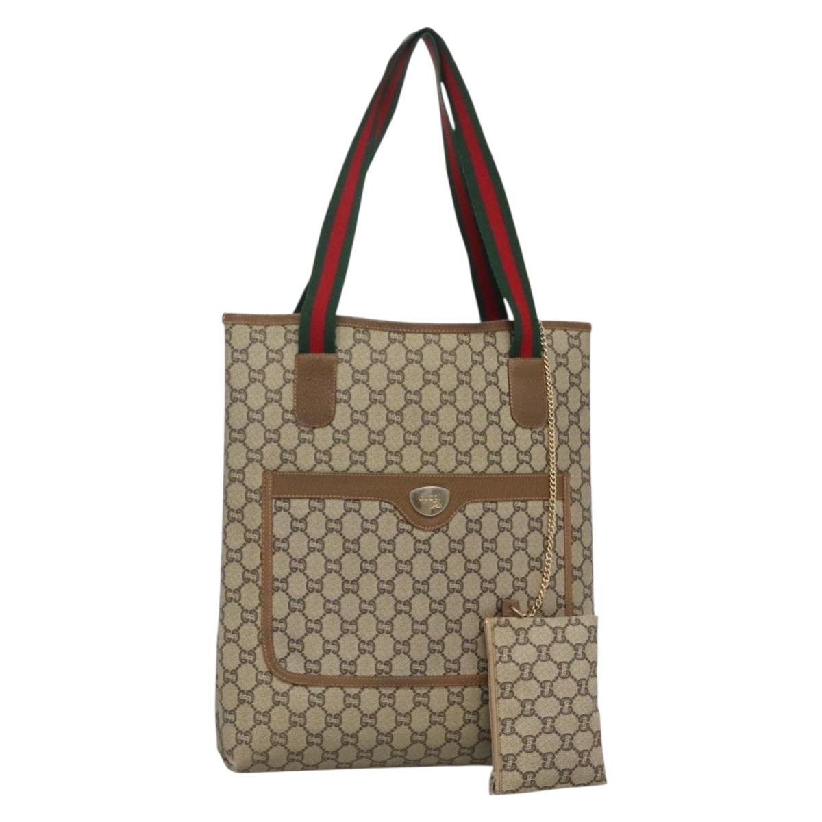 GUCCI GG Plus Supreme Web Sherry Line Tote Bag PVC Beige Gold Auth BA3850