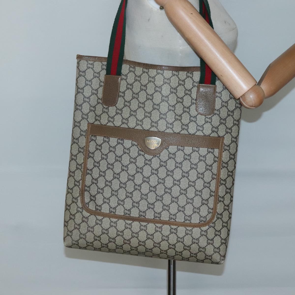 GUCCI GG Plus Supreme Web Sherry Line Tote Bag PVC Beige Gold Auth BA3850