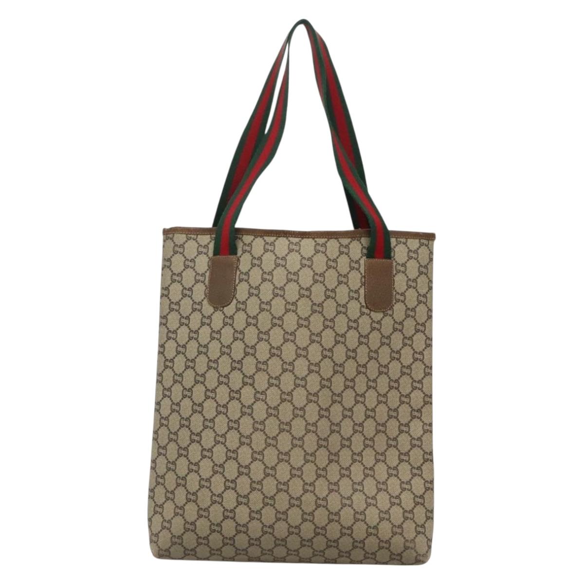 GUCCI GG Plus Supreme Web Sherry Line Tote Bag PVC Beige Gold Auth BA3850