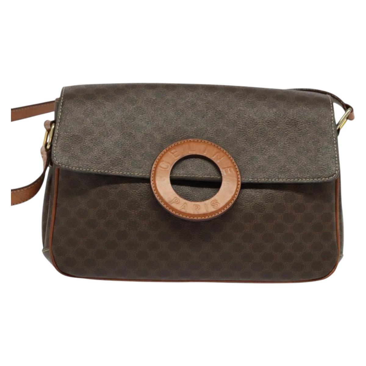 CELINE Macadam Canvas Shoulder Bag PVC Leather Brown Gold Auth BA3852