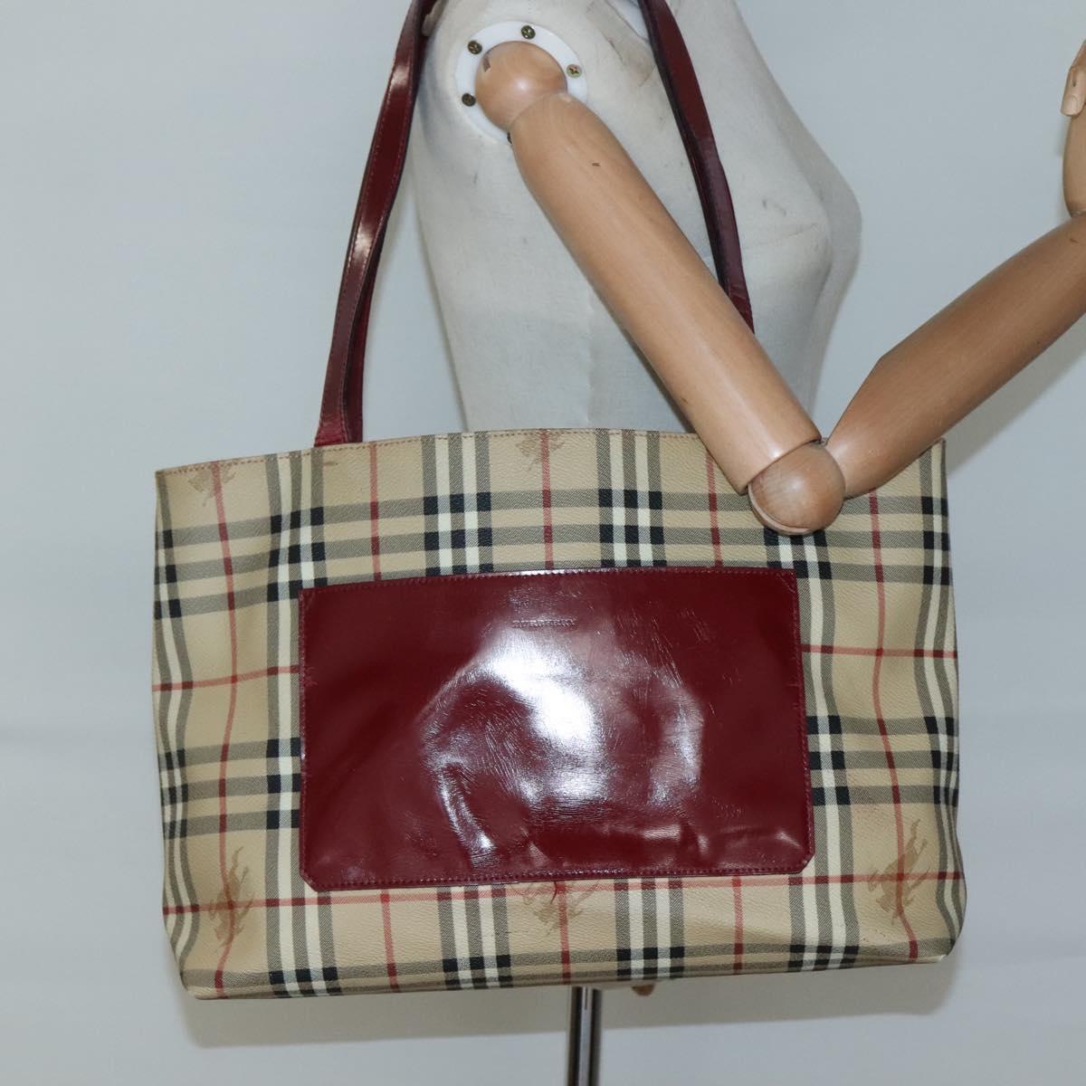 BURBERRY Nova Check Tote Bag PVC Beige Silver Auth BA3864