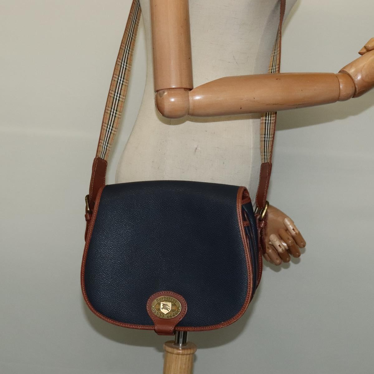 Burberrys Shoulder Bag Leather PVC Navy Gold Auth BA3865