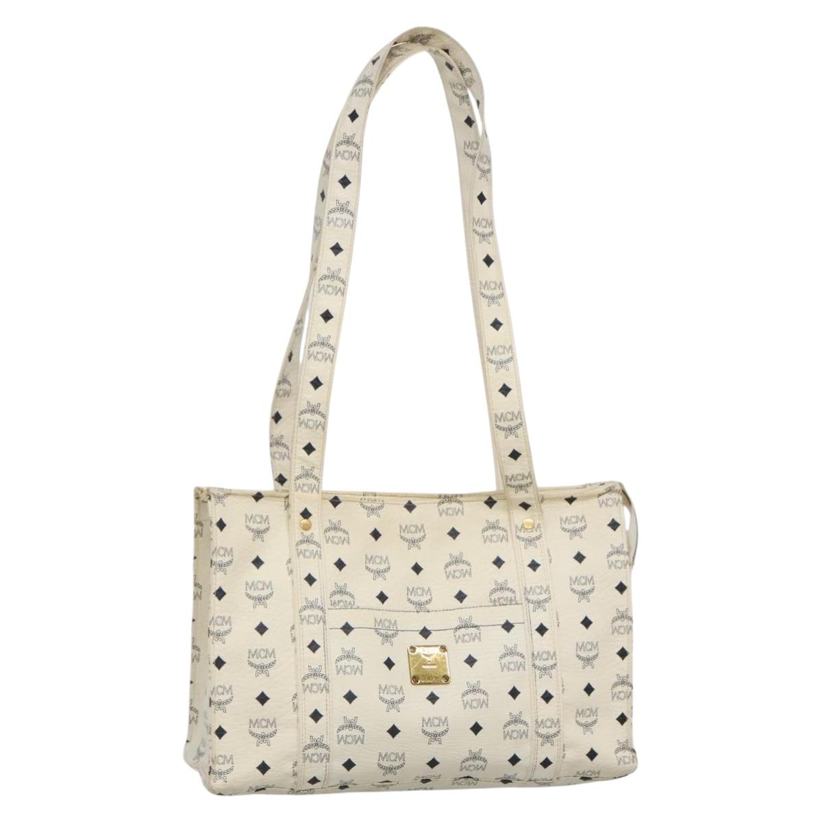 MCM Logogram Vicetos Shoulder Bag PVC Leather White Gold Auth BA3867