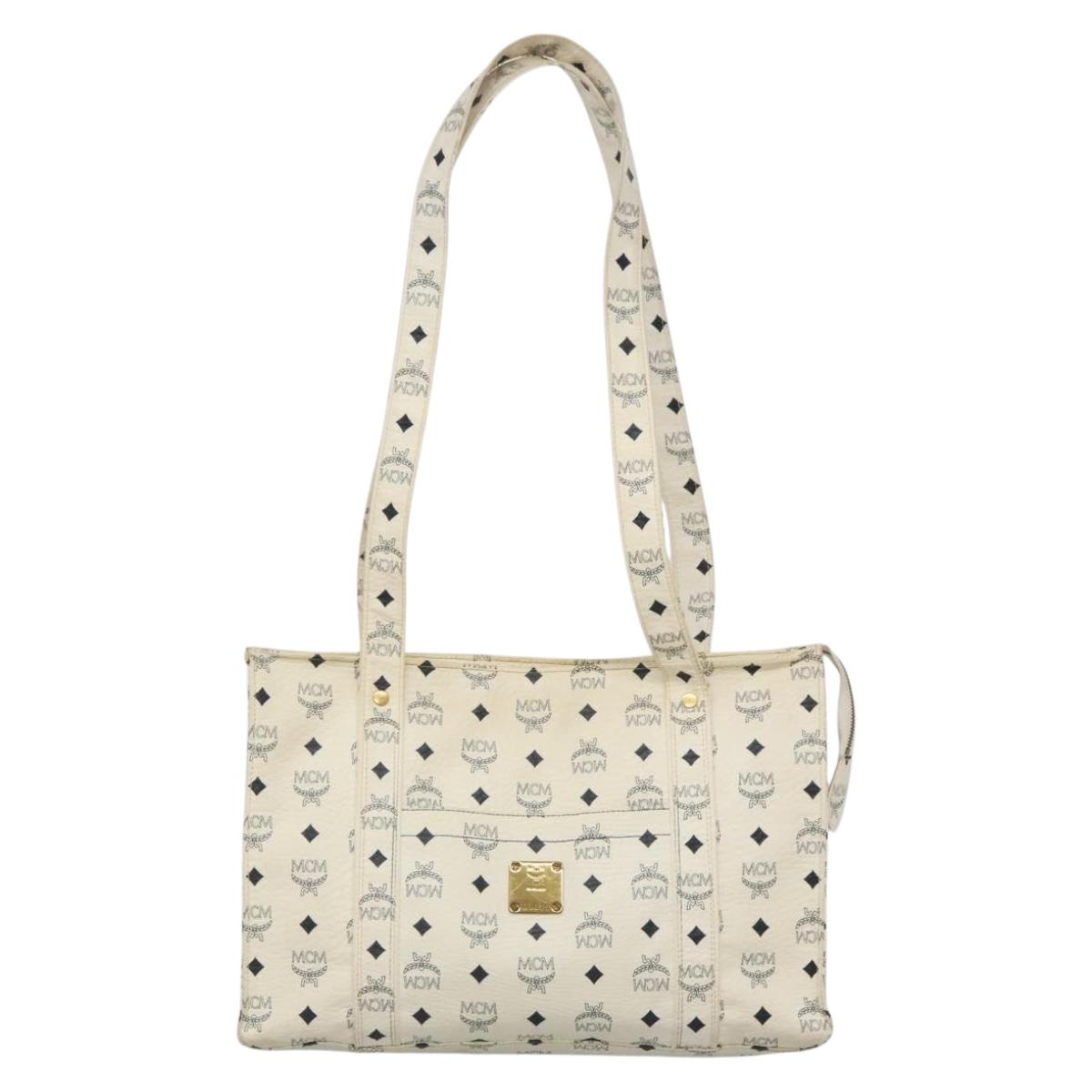 MCM Logogram Vicetos Shoulder Bag PVC Leather White Gold Auth BA3867
