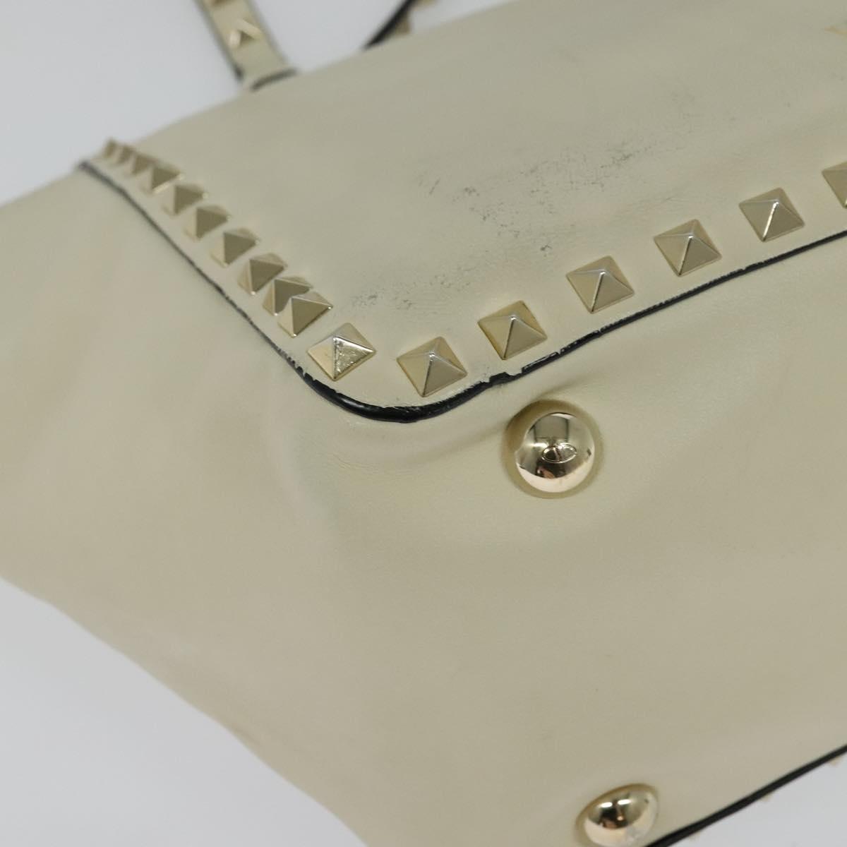 VALENTINO Studs Tote Bag Leather White Gold Auth BA3903