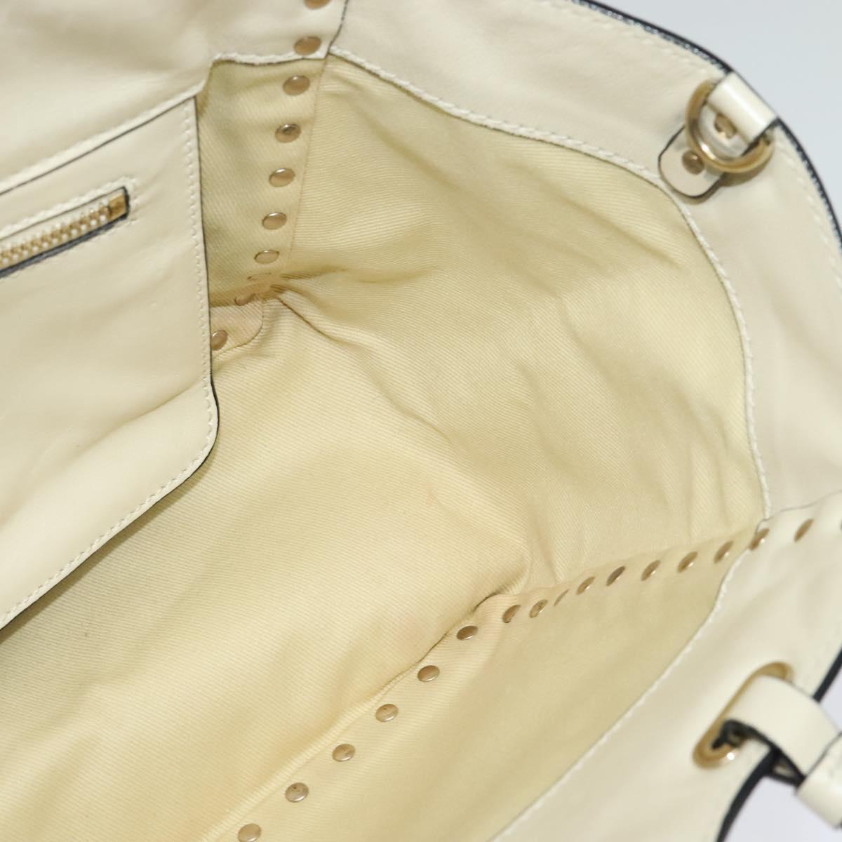 VALENTINO Studs Tote Bag Leather White Gold Auth BA3903