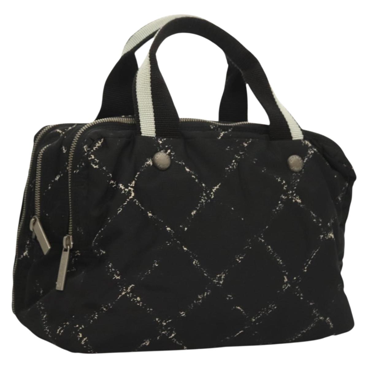 CHANEL Travel Line Hand Bag Nylon Black Silver CC Auth BA3909