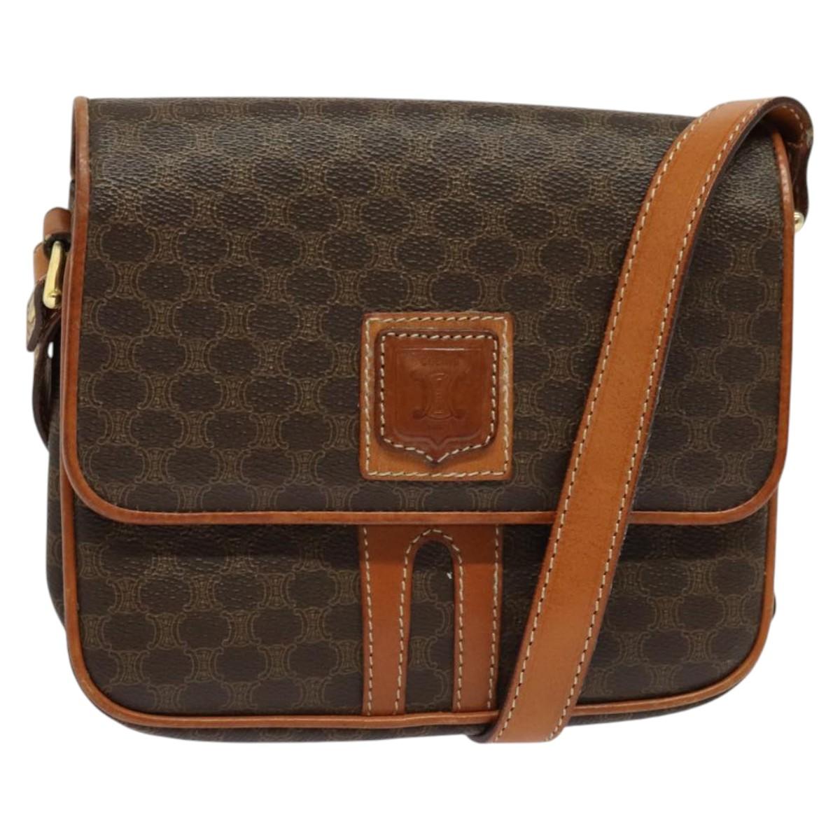 CELINE Macadam Canvas Shoulder Bag PVC Leather Brown Gold Auth BA3927