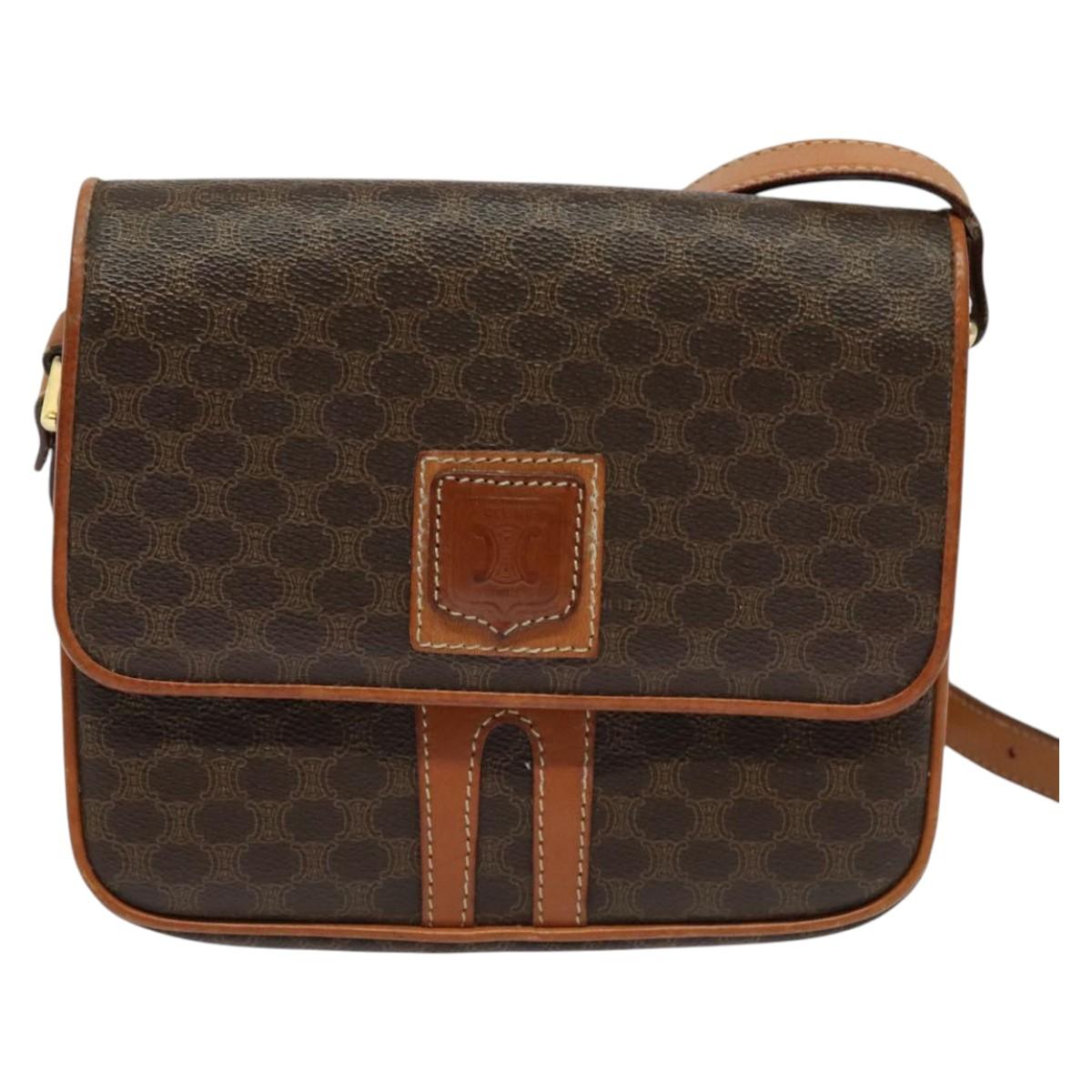 CELINE Macadam Canvas Shoulder Bag PVC Leather Brown Gold Auth BA3927