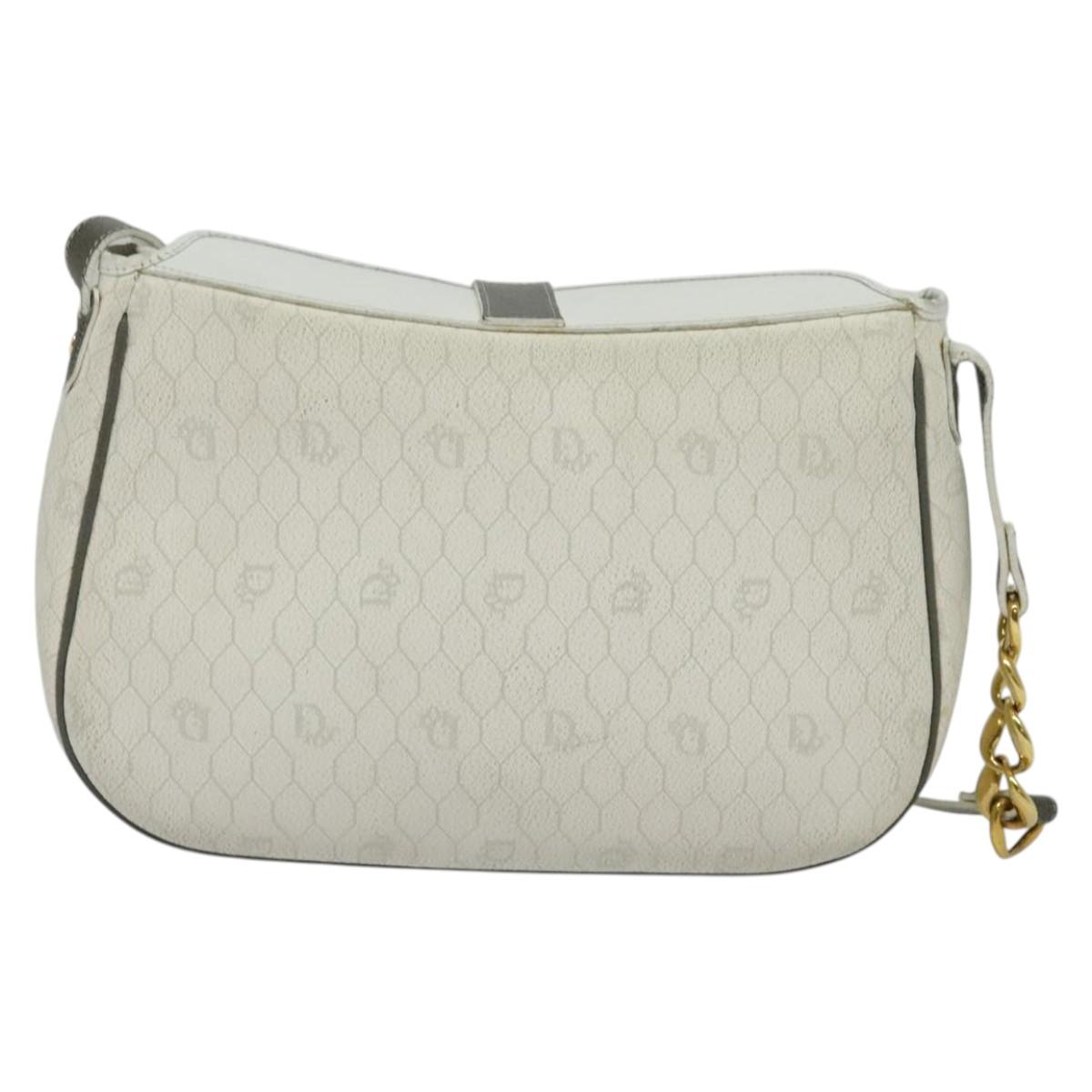 Christian Dior Honeycomb Canvas Chain Shoulder Bag PVC White Gold Auth BA3929