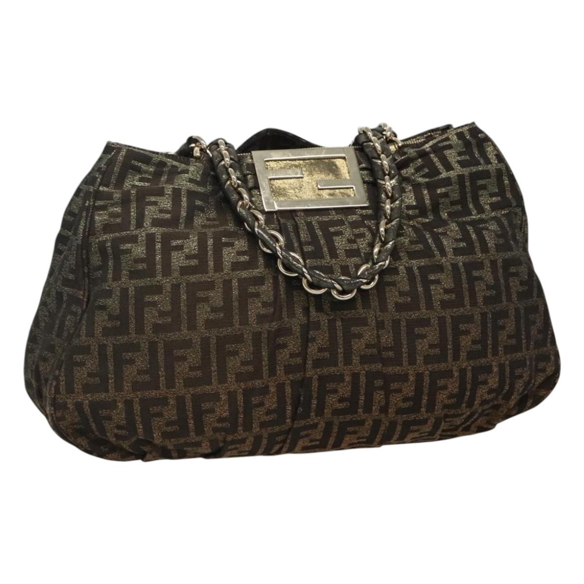 FENDI Zucca Canvas Chain Tote Bag Brown Black gold Auth BA393