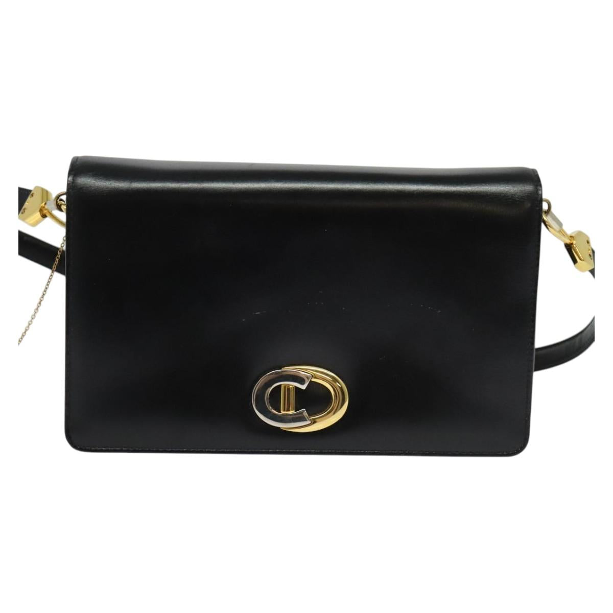 Christian Dior Shoulder Bag Leather Black Gold Auth BA3954