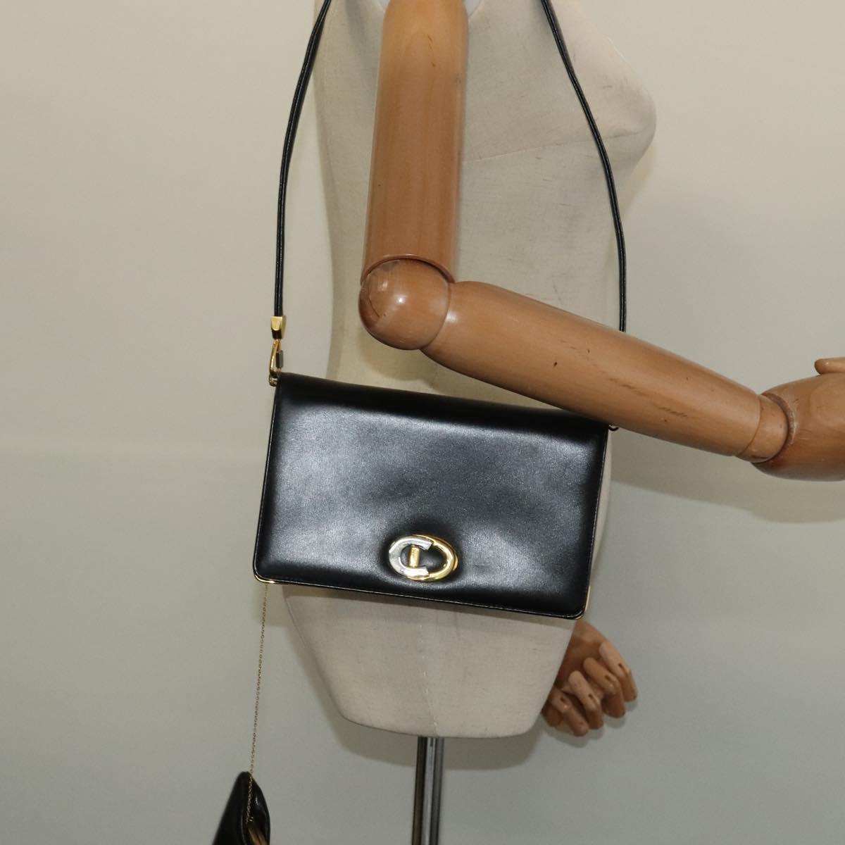 Christian Dior Shoulder Bag Leather Black Gold Auth BA3954
