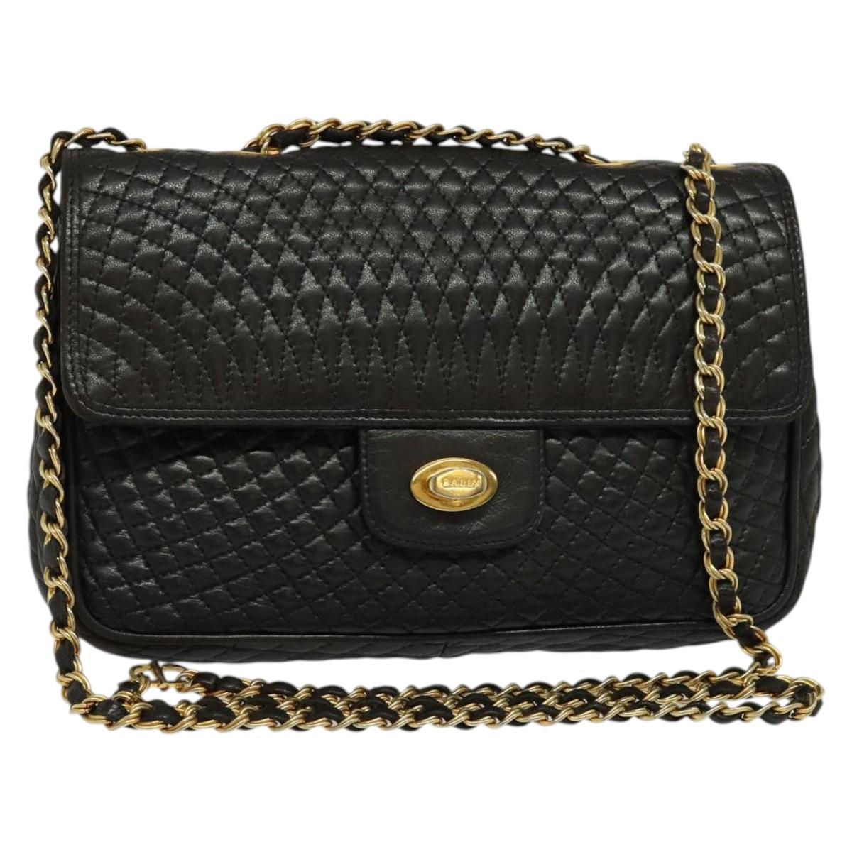 BALLY Chain Shoulder Bag Leather Black Gold Auth BA3966