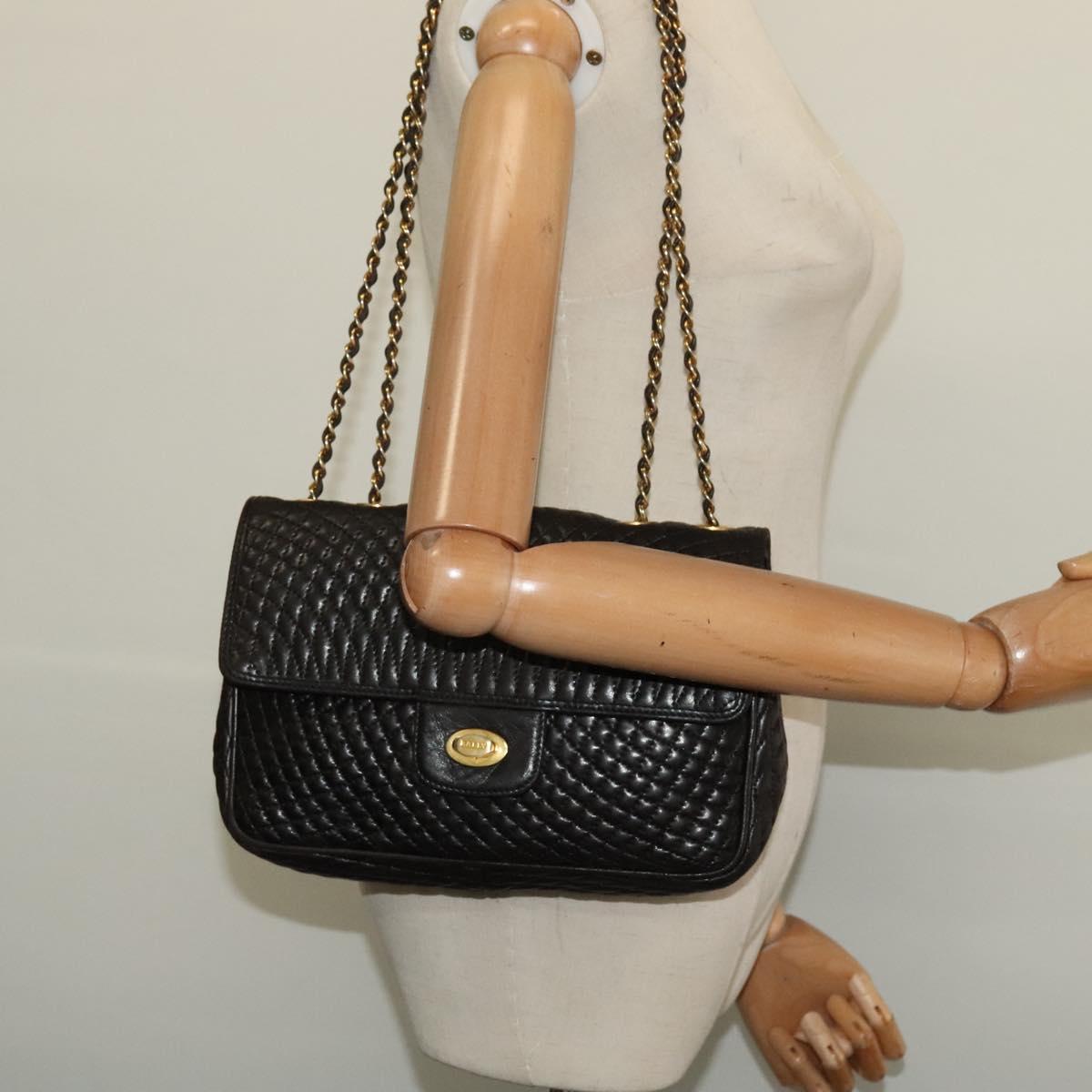 BALLY Chain Shoulder Bag Leather Black Gold Auth BA3966