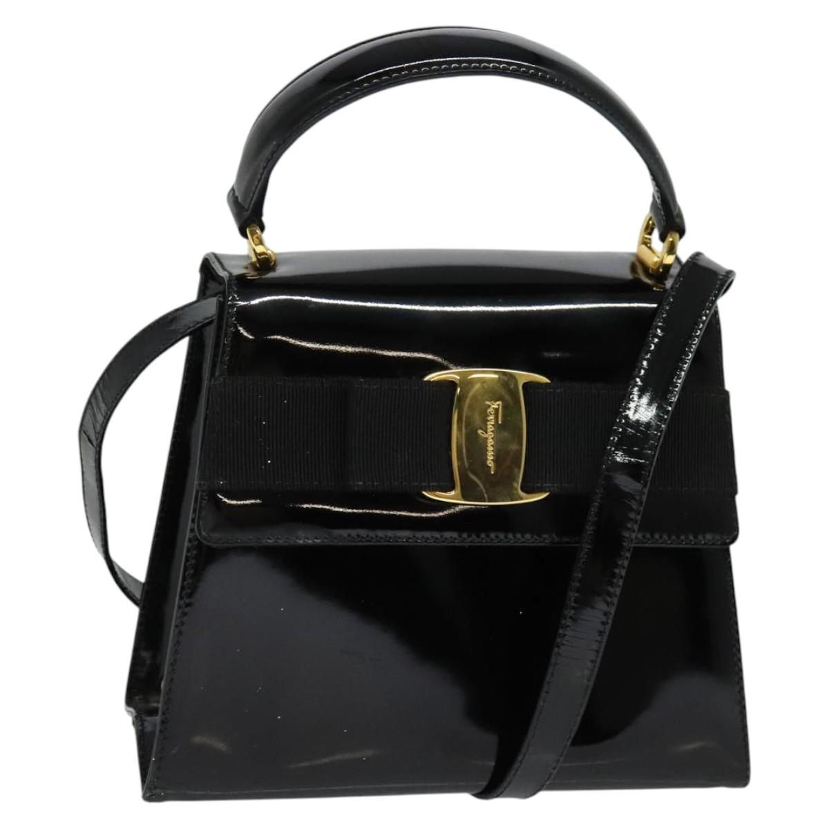 Salvatore Ferragamo Vala Hand Bag Patent leather 2way Black Gold Auth BA3968