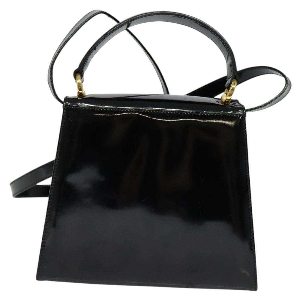 Salvatore Ferragamo Vala Hand Bag Patent leather 2way Black Gold Auth BA3968