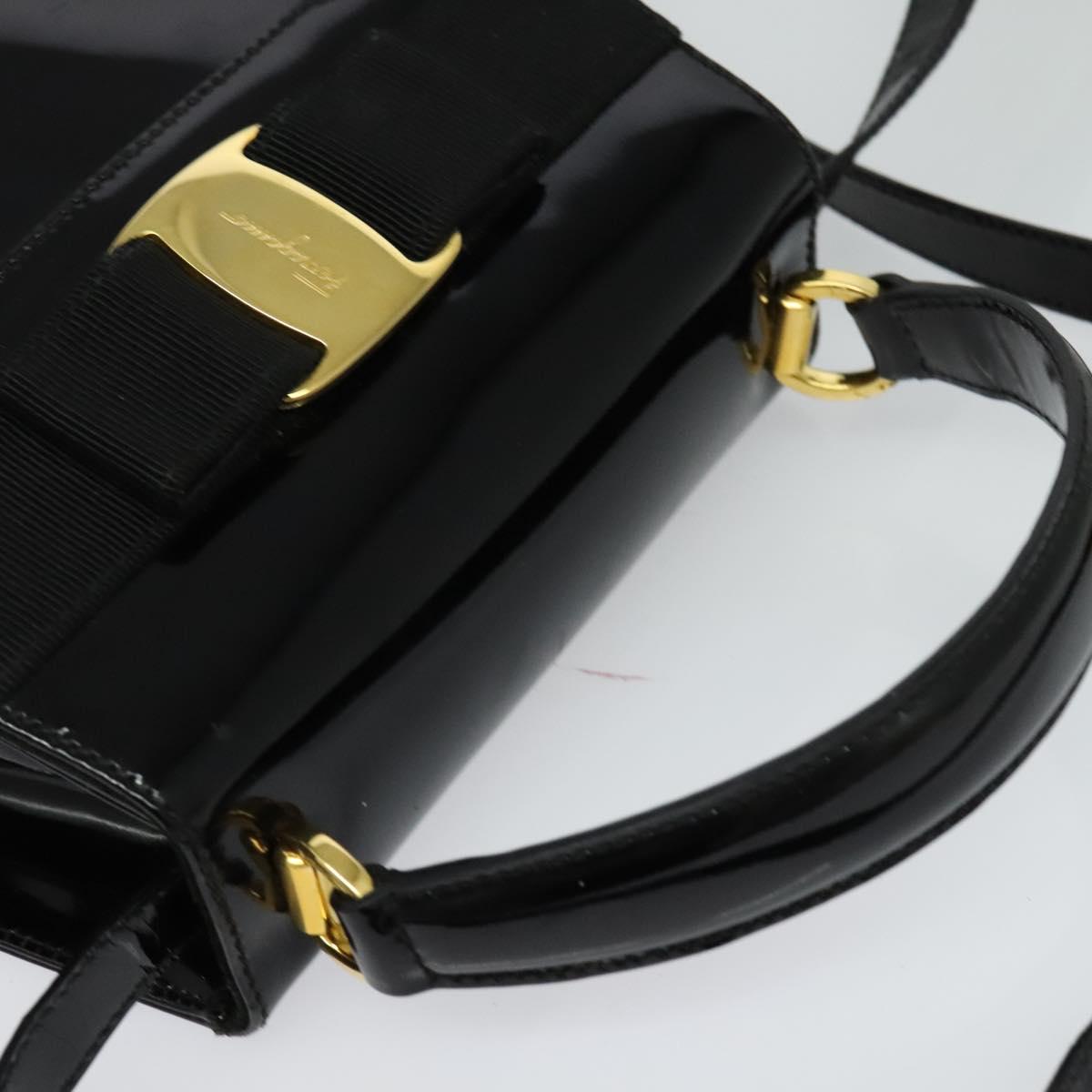 Salvatore Ferragamo Vala Hand Bag Patent leather 2way Black Gold Auth BA3968