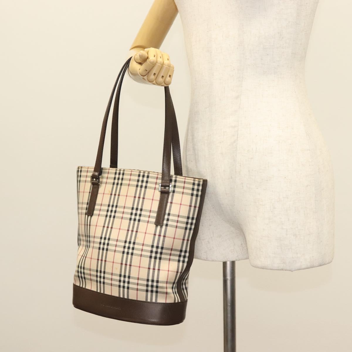 BURBERRY Nova Check Tote Bag Canvas Beige Silver Auth BA3977