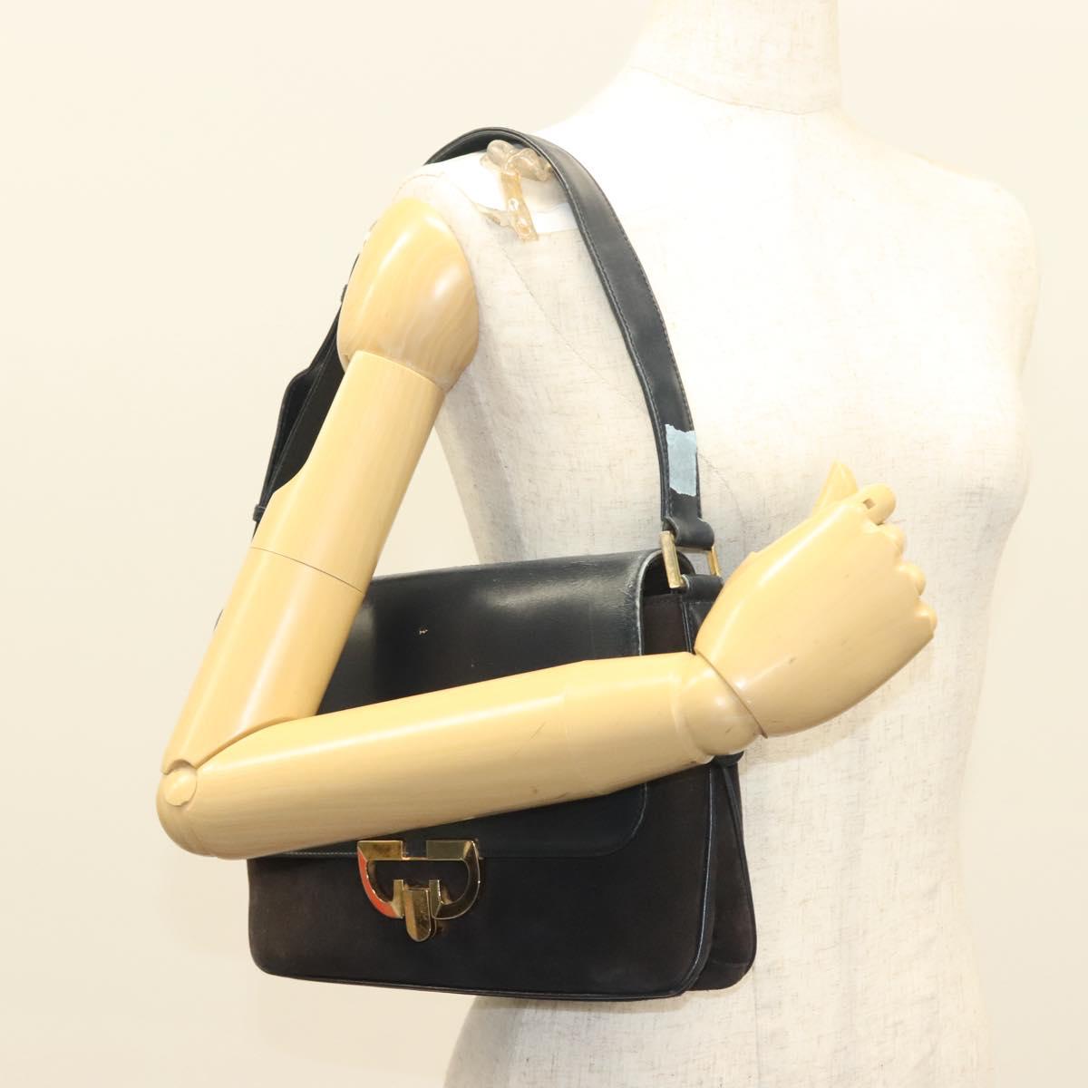GUCCI Shoulder Bag Suede Leather Navy Gold Auth BA3980