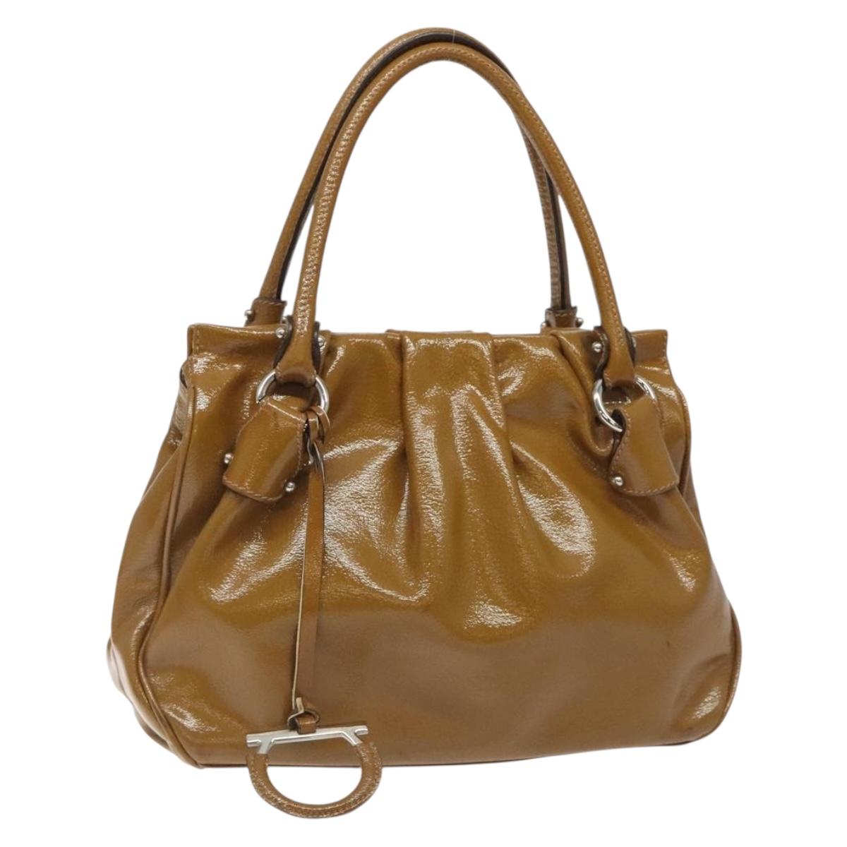 Salvatore Ferragamo Hand Bag Patent leather Brown Silver Auth BA3981