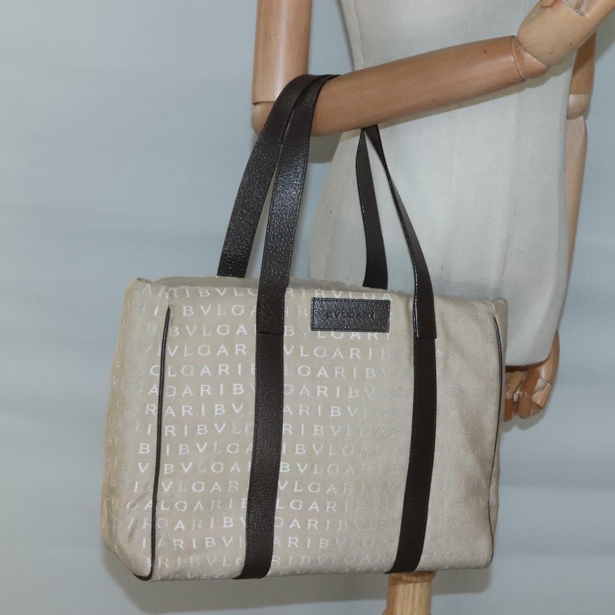 BVLGARI Logo Mania Tote Bag Canvas Beige Auth BA3987