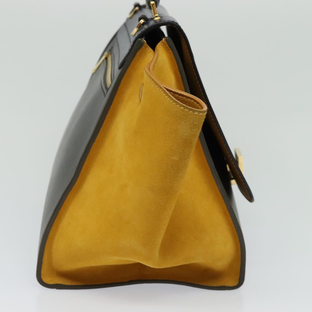 CELINE Trapeze Hand Bag Leather 2way Navy Gold Auth BA400