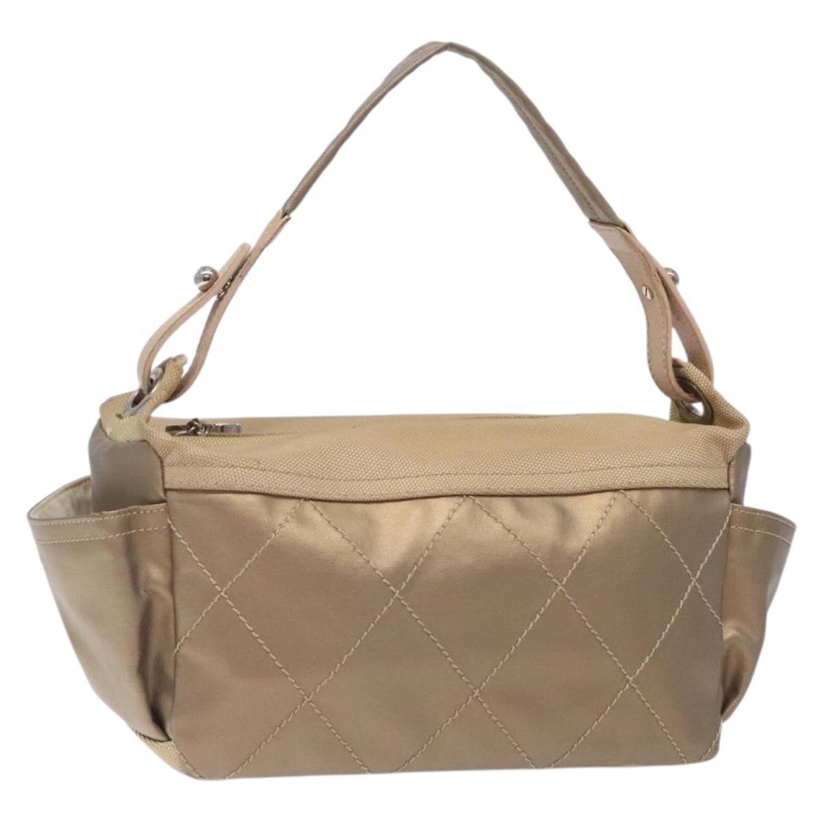 CHANEL Paris Biarritz Shoulder Bag Coated Canvas Beige Silver CC Auth BA4004