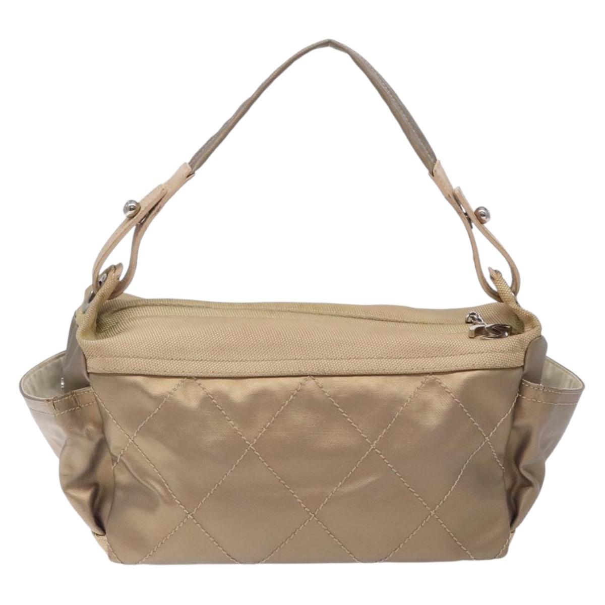 CHANEL Paris Biarritz Shoulder Bag Coated Canvas Beige Silver CC Auth BA4004