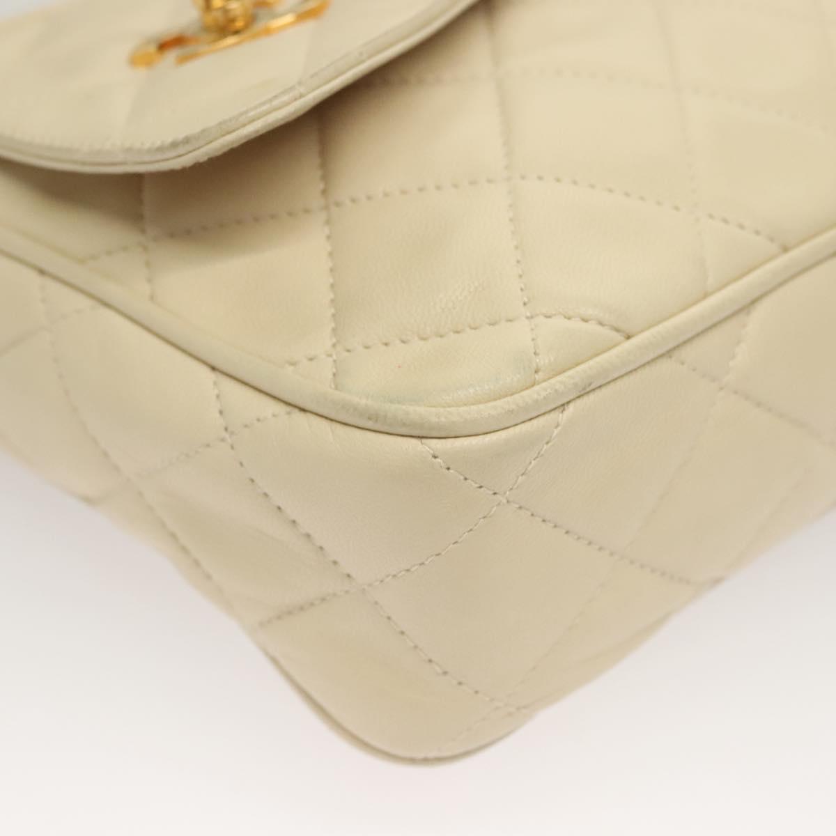 CHANEL Matelasse Chain Shoulder Bag Lamb Skin White Gold CC Auth BA4005