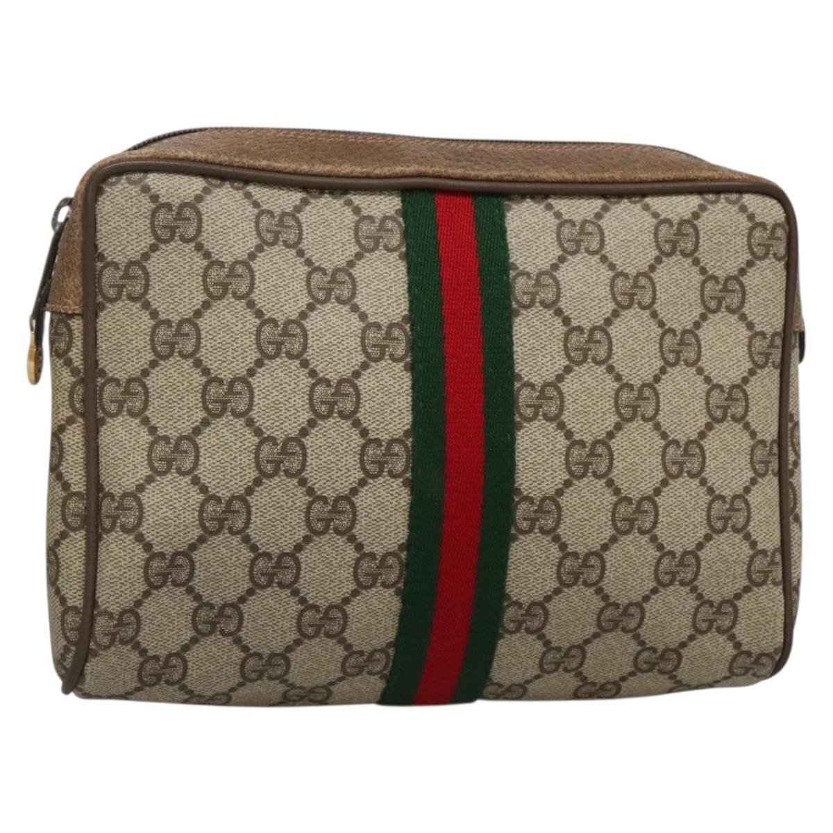 GUCCI GG Supreme Web Sherry Line Clutch Bag PVC Beige Gold 63 01 012 Auth BA4011