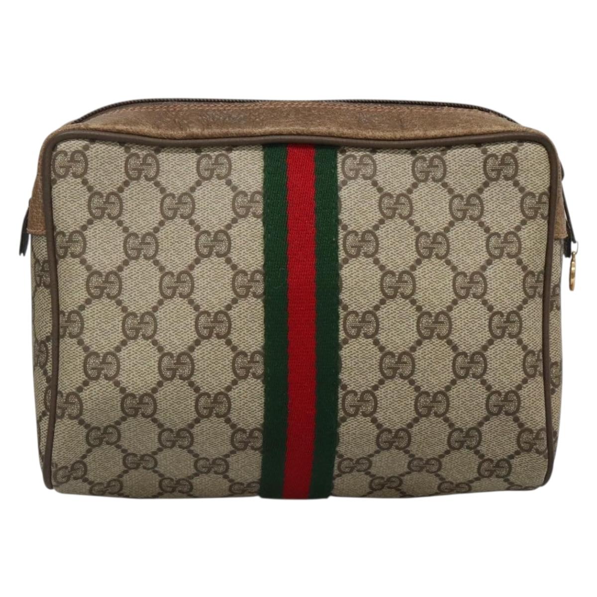 GUCCI GG Supreme Web Sherry Line Clutch Bag PVC Beige Gold 63 01 012 Auth BA4011