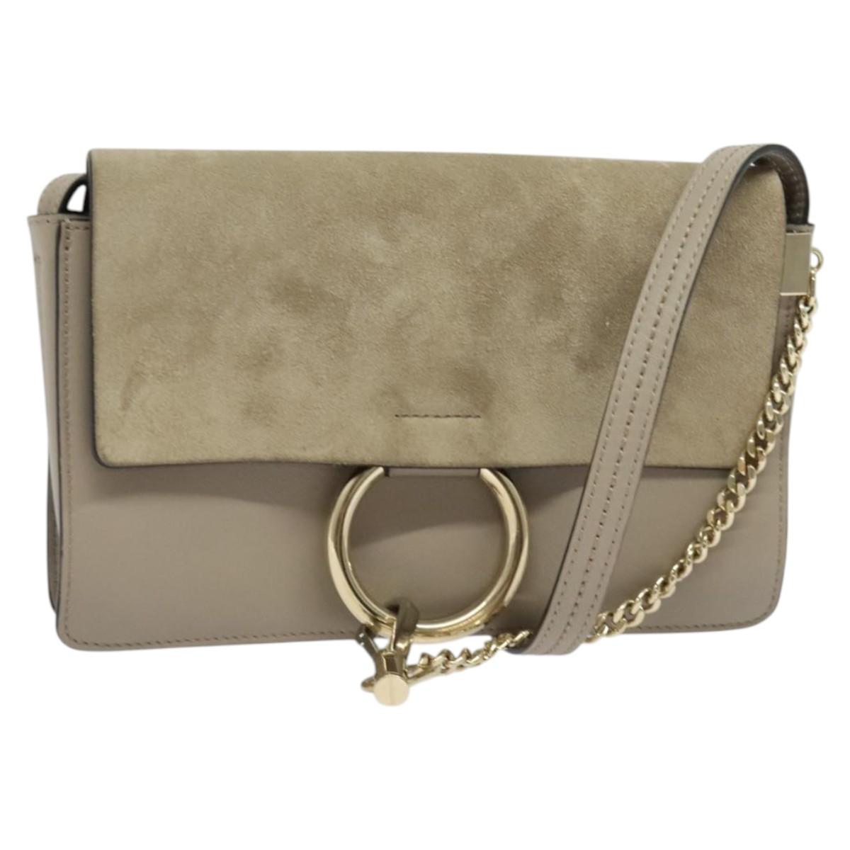 Chloe Fay Shoulder Bag Leather Greige Gold Auth BA4020