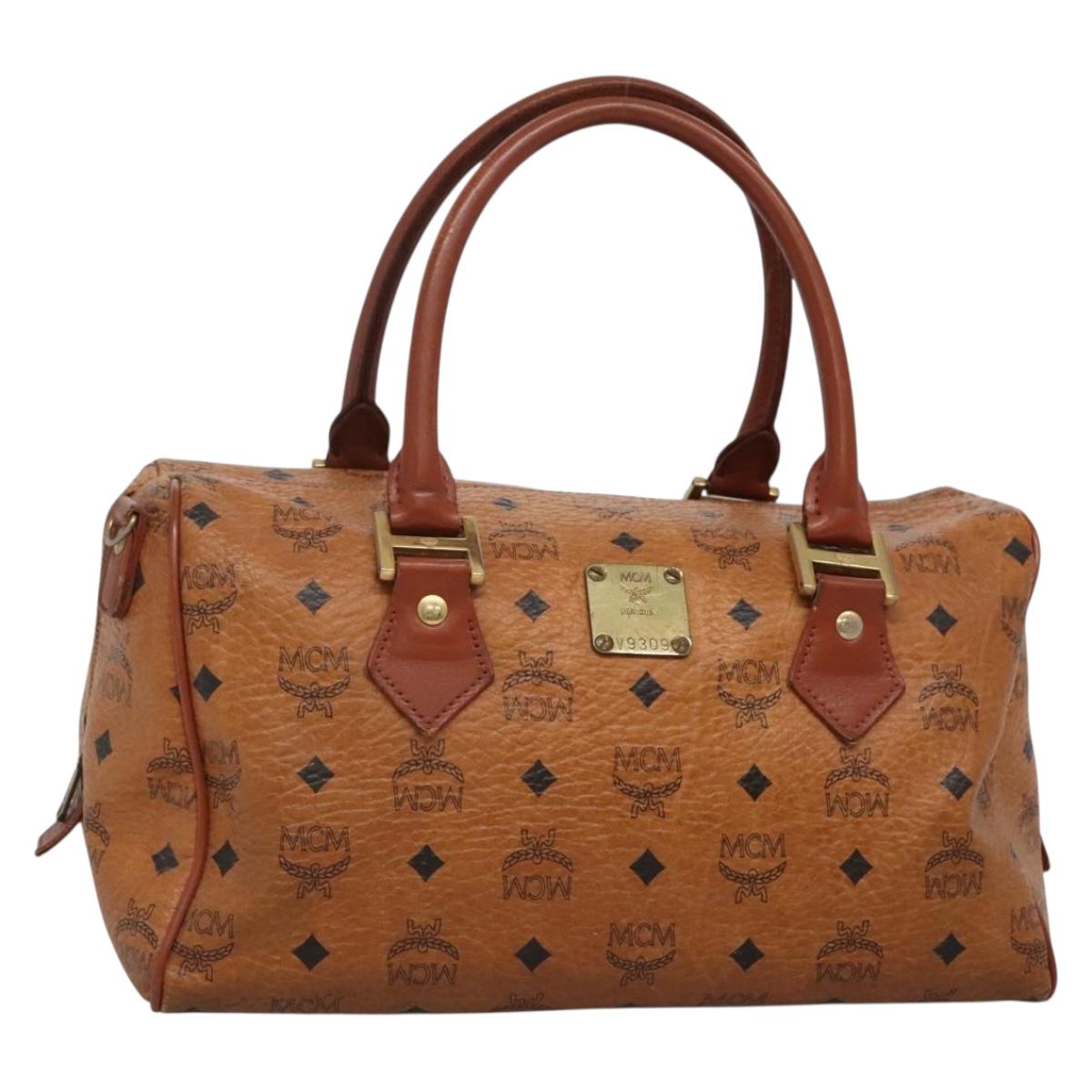 MCM Logogram Vicetos Boston Bag PVC Leather Brown Gold Auth BA4039