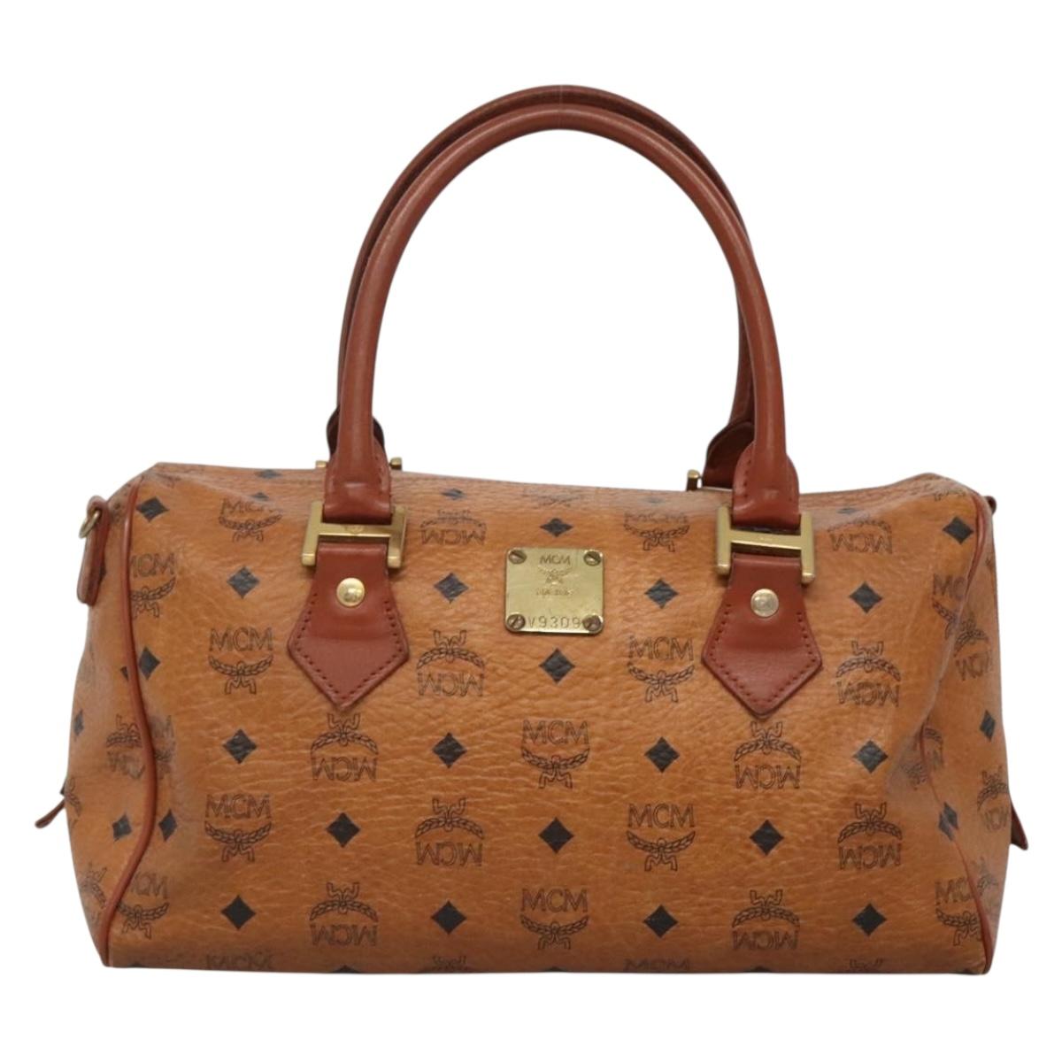 MCM Logogram Vicetos Boston Bag PVC Leather Brown Gold Auth BA4039