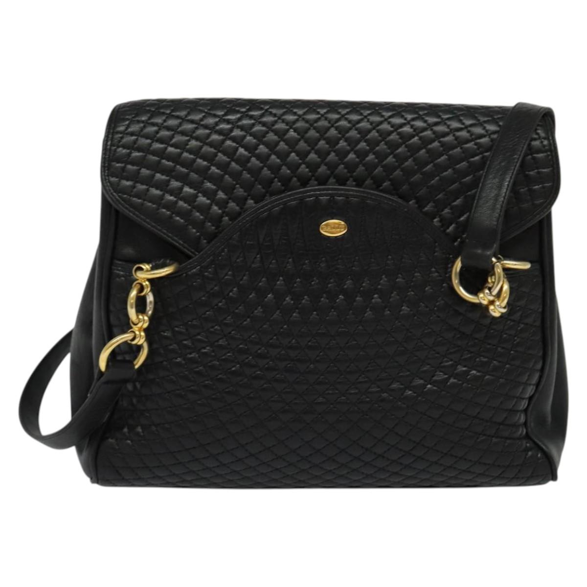 BALLY Quilted Chain Shoulder Bag Leather Black Gold Auth BA4040
